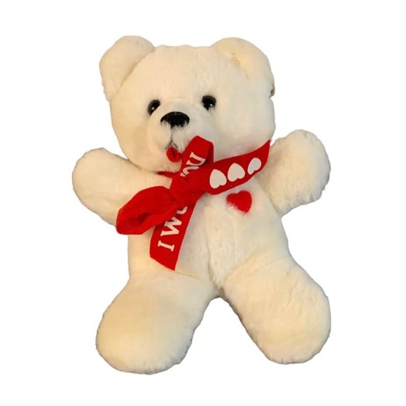 Vintage 1984 Dakin Plush Bear 9" Stuffed Animal White with Red Bow & Heart - Picture 1 of 4